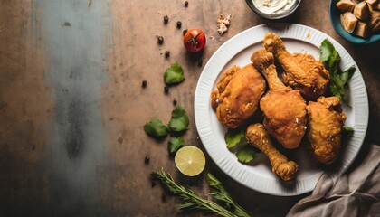 Wall Mural - Copy Space image of crunchy Baked Chicken Tenders on a plate with tomato sauce, flat lay