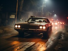 A Vintage Car On A Foggy Street At Night