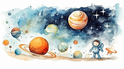 Wall Mural - planets in space on a white background, watercolor drawing for children primitive minimalistic poster illustration