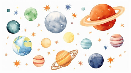 Wall Mural - planets in space on a white background, watercolor drawing for children primitive minimalistic poste