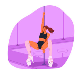 Poster - Sexy young woman dancer. Pole dance move, back slide pose. Erotic poledance movement, show, performance. Girl in lingerie and stocking performing. Flat vector illustration isolated on white background