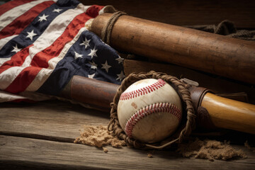 Leather baseballs, bat and glove with United States flag in the background. US favorite family sport