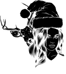 Sticker - black silhouette of Beautiful girl with santa claus hat.