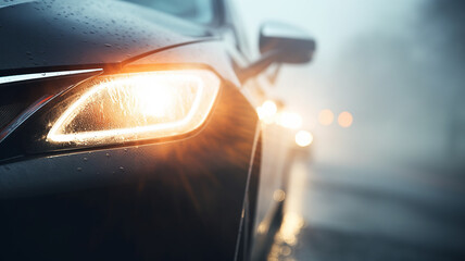 Wall Mural - the headlights of a car on an autumn road in fog, the weather is a dangerous road in November