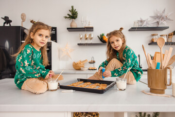 Fair-haired cute twins preparing christmas cookies in the kitchen