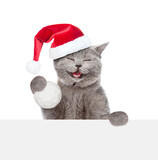 Fototapeta Koty - Happy cat wearing red santa hat holds big snowball and looks above empty white banner. Isolated on white background
