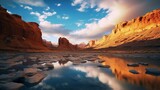 Fototapeta Niebo - golden hour in desert valley with stream