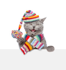 Aufkleber - Happy cat wearing knitted scarf and warm woolen hat with pompon looks above empty white board. isolated on white background