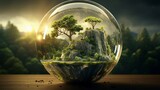 Fototapeta Niebo - miniature trees and rock in snowglobe crystal ball on outdoor table