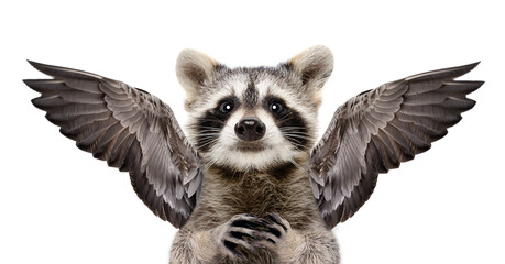 Wall Mural - portrait of a inspired raccoon with wings behind its back isolated on a white background