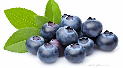Wall Mural - Fresh blueberries with blueberry leaves isolated on white background. generative ai