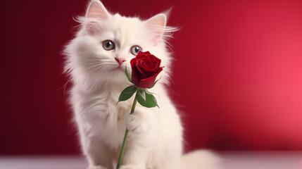 Wall Mural - Adorable white fluffy cat holding red rose  as Valentine's Day gift . isolated on pastel background with copy space