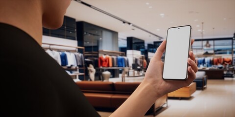 Caucasian female using her phone in vertical orientation, clothing store in bg