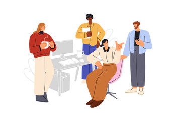 Wall Mural - work and informal communication at workplace. colleagues team conversation, discussion. office worke