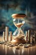 © Viktoriia - Sand clock and coins stack, time to pay concept, time for savings money concept, banking and business idea, AI Generative.