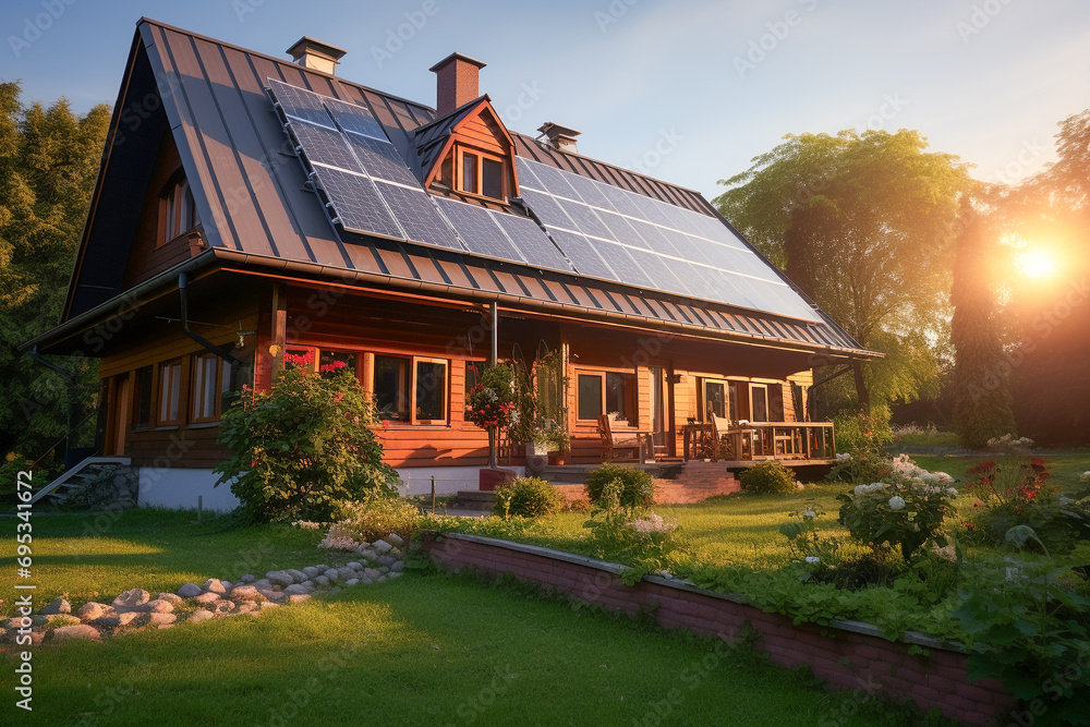 Beautiful house with solar panels on the roof under a bright sky. Sustainable and clean energy at a new eco friendly home.