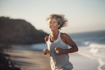 A pensioner woman jogging by the sea in the rays of the rising sun.