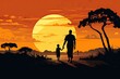 father and child silhouette in african landscape illustration