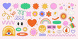 Set of abstract y2k shapes and badges. Geometric templates, smiling faces, flowers, hearts, patches. Groovy and psychedelic stickers. Fun graphic for poster and collage design. Vector illustration