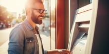 Smiling Man Using ATM For Banking Services. Banking And Finance.