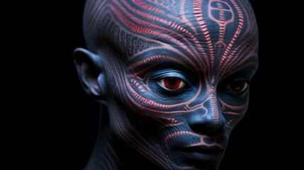 Canvas Print - A close up of a face painted with tribal markings and red eyes, AI