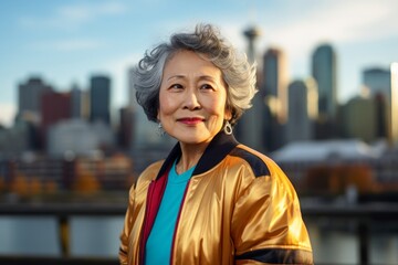 Canvas Print - Portrait of a tender asian woman in her 70s sporting a stylish varsity jacket against a vibrant city skyline. AI Generation