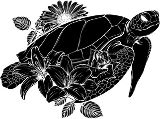 Poster - vector black silhouette of sea turtle with flower on white background