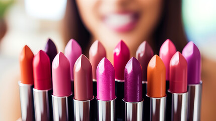 Wall Mural - A woman is happy to try on different shades of lipstick