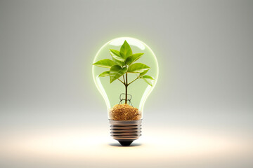 Green plant new life on lamp out of a bulb, green energy concept on over white background