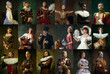 © master1305 - Collage. Portrait of different royal people, famous historical personages over dark vintage background. Concept of comparison of eras, modernity and renaissance, baroque style.