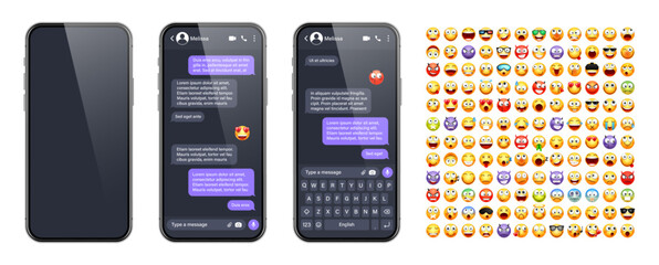 Wall Mural - Smartphone messaging app, user interface with emoji. SMS text frame. Chat screen, violet message bubbles. Texting app for communication. Social media application. Dark mode. Vector illustration