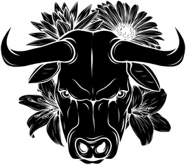 Poster - vector black silhouette of bull with flower on white background