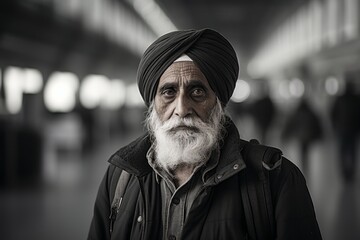 Canvas Print - Portrait of a tender indian man in his 70s dressed in a warm ski hat against a busy airport terminal. AI Generation