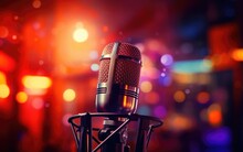 Studio Karaoke Microphone Over The Bright Blurred Background