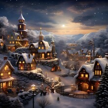 Winter Village. Christmas And New Year Holidays Background. Digital Painting.