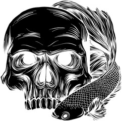 Sticker - black silhouette of betta fish around human skull. vector illustration on white background