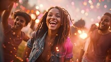 Beautiful Young Millennial At Outdoor Festival. Happy Young People Dancing At Music Festival Event Party And Entertainment Concept Sparkling Lights Sparkling Lights And Sunlight