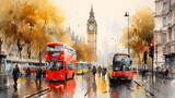 Fototapeta Fototapeta Londyn - Captivating Watercolor of London, England. Exploring Vibrant Urban Life in Metropolitan Hub, Artistic Rendering of City Street, Cultural Diversity and Energetic Cityscape.