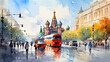 Captivating Watercolor of Moscow, Russia. Exploring Vibrant Urban Life in Metropolitan Hub, Artistic Rendering of City Street, Cultural Diversity and Energetic Cityscape.