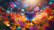 An abstract representation of the Summer of Love with hearts and flowers, Psychadelic collage, Valentines Day, retro, blurred background, with copy space