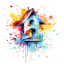 Birdhouse Watercolor Splash Art Painting Isolated On A White Background