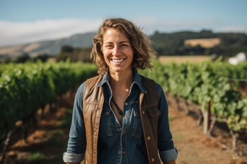 Wall Mural - Portrait of a joyful woman in her 40s wearing a rugged jean vest against a backdrop of rolling vineyards. AI Generation