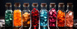 Side closeup photograph of wide colorful cosmetic oil items in colorful bottles lay in manner on a table 