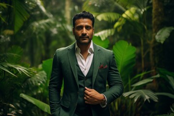 Wall Mural - Portrait of a merry indian man in his 40s dressed in a stylish blazer against a lush tropical rainforest. AI Generation