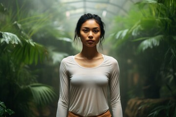 Wall Mural - Portrait of a content asian woman in her 20s sporting a breathable mesh jersey against a lush tropical rainforest. AI Generation