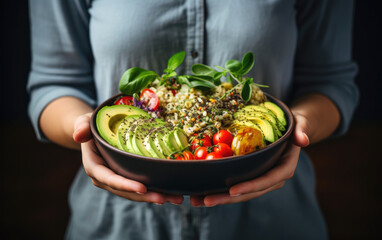 Wall Mural - Woman holding bowl with fresh salad