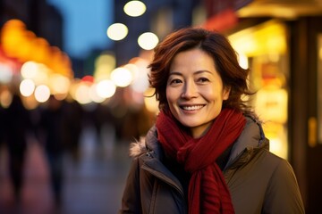 Wall Mural - Portrait of a grinning asian woman in her 40s showing off a thermal merino wool top against a glittering city nightlife. AI Generation