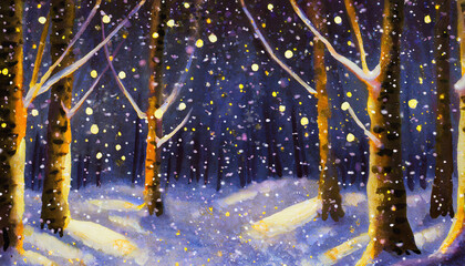 Poster - Snow falling at night in a snowy dark forest, christmas lights, copy space