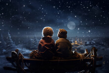 Two Girls Look At The Moon On A Winter Evening. Two Children Sit And Look At The Snowy Sky. Concept: Waiting For A Christmas Miracle. 