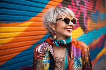 Wall Mural - Portrait of a smiling woman in her 50s wearing a trendy sunglasses against a vibrant graffiti wall. AI Generation